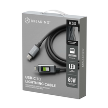 Кабель Breaking K33, USB-C - Lightning, 60W, 3А, LED-дисплей, 1м (Черный)