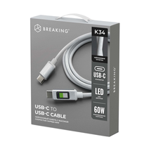 Кабель Breaking K34, USB-C - USB-C, 60W, 3А, LED-дисплей, 1м (Белый)