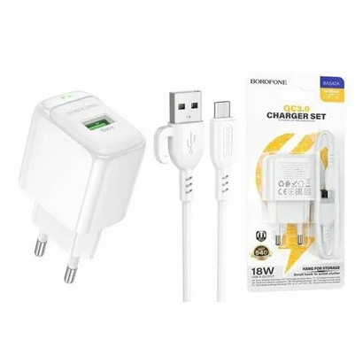 СЗУ BOROFONE BAS42A USB QC 3.0 18W + кабель Type-C 1m белый