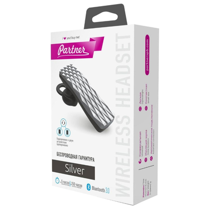 Беспроводная Bluetooth-гарнитура Partner ''Silver'', v3.0, кабель microUSB, крепление на ухо, 1/50/100
