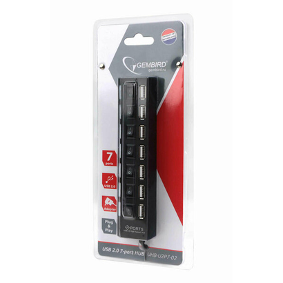 Концентратор USB 2.0 Gembird UHB-U2P7-02, 7 портов, питание, блистер