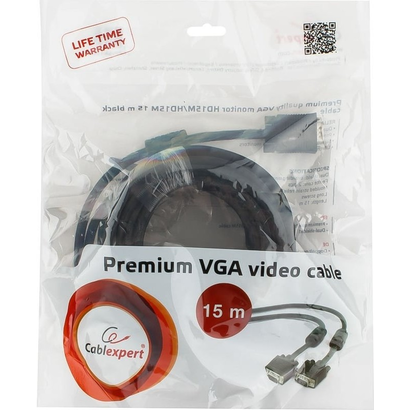 Кабель VGA 15м Cablexpert Premium 15M/15M, черный, тройной экран феррит.кольца, пакет CC-PPVGA-15M-B
