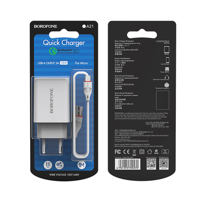 СЗУ Borofone BA21A 5V, 3A 1USB Long journey, QC3.0 Micro (белый)