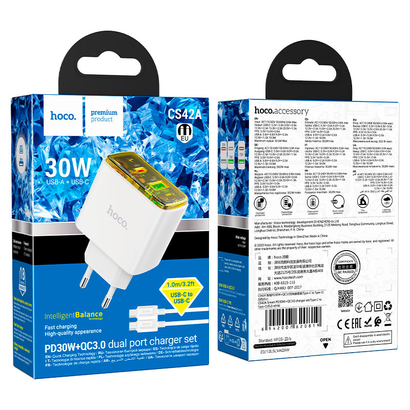 СЗУ HOCO CS42A Smart PD30W+QC3.0 charger set(Type-C + Type-C)(EU) (белый)