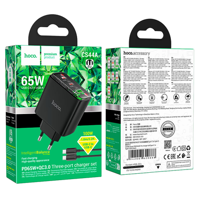 СЗУ HOCO CS44A Smart PD65W(2C1A) charger set Type-C + Type-C, EU (черный)