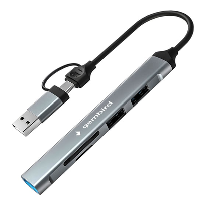 Картридер Type-C/USB-A (3.1) Gembird FD2-MSD-3, 5в1: 2xUSB2.0, USB3.1, SD/TF, кабель 10см
