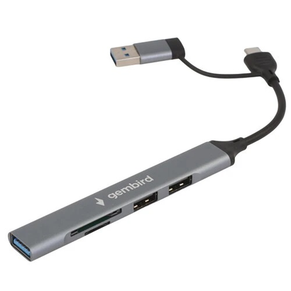 Картридер Type-C/USB-A (3.1) Gembird FD2-MSD-3, 5в1: 2xUSB2.0, USB3.1, SD/TF, кабель 10см