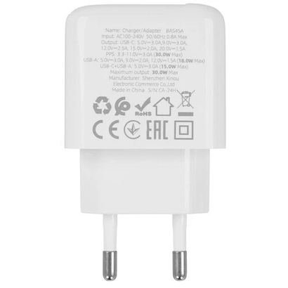 СЗУ Borofone BAS45A 2USB 3.0A PD 30W+QC 3.0 белый