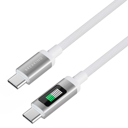 Кабель Breaking K34, USB-C - USB-C, 60W, 3А, LED-дисплей, 1м (Белый)