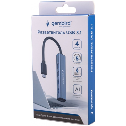 Концентратор USB3.1 Gembird UHB-C474, 4хUSB, с доп.питанием