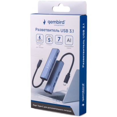 Концентратор USB3.1 Gembird UHB-U3P7-02, 7хUSB, с доп.питанием