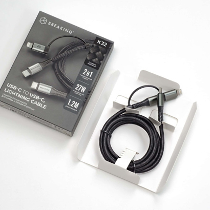 Кабель Breaking K32 2 в 1, USB-C - USB-C/Lightning, 27W, 3.0A, 1,2м (Черный)